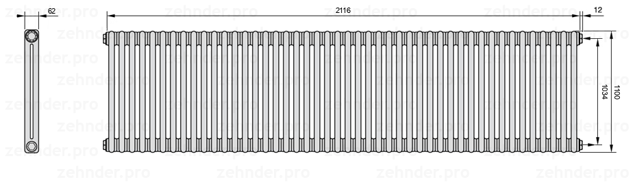 Схема (чертеж) Радиатор Zehnder Charleston 2110/46 №7610 Белый глянцевый RAL 9016